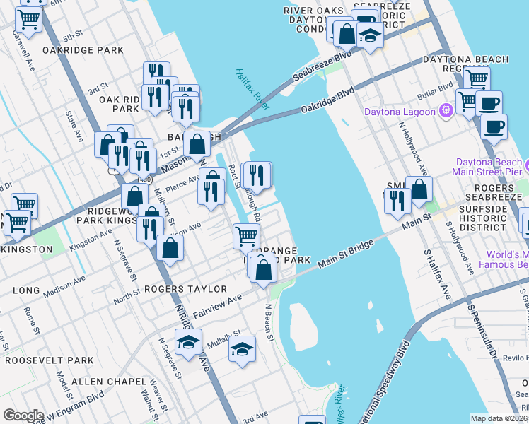 map of restaurants, bars, coffee shops, grocery stores, and more near 721 Ballough Road in Daytona Beach