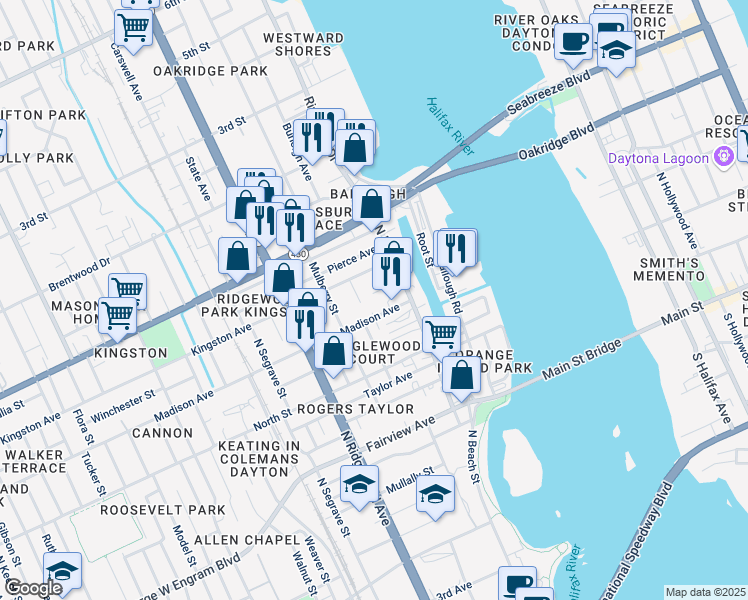 map of restaurants, bars, coffee shops, grocery stores, and more near 143 Knight Place in Daytona Beach