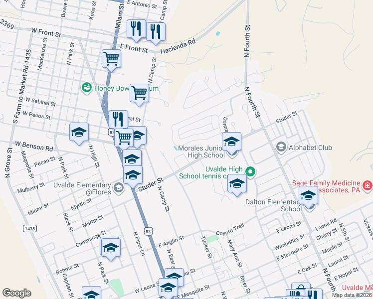 map of restaurants, bars, coffee shops, grocery stores, and more near 155 Barry Street in Uvalde
