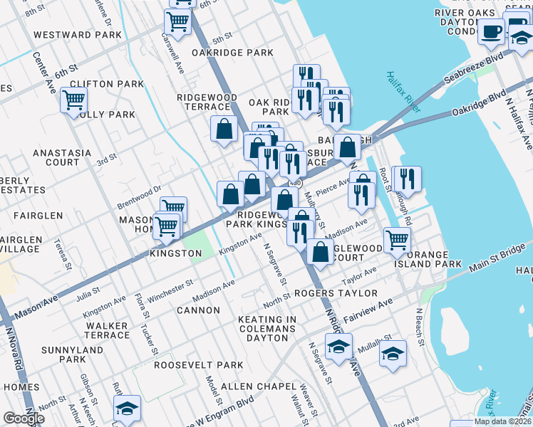 map of restaurants, bars, coffee shops, grocery stores, and more near 830 Ridgewood Avenue in Daytona Beach