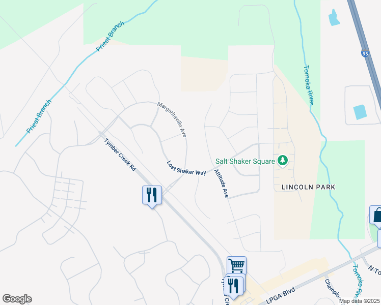 map of restaurants, bars, coffee shops, grocery stores, and more near 2594 Lpga Boulevard in Daytona Beach