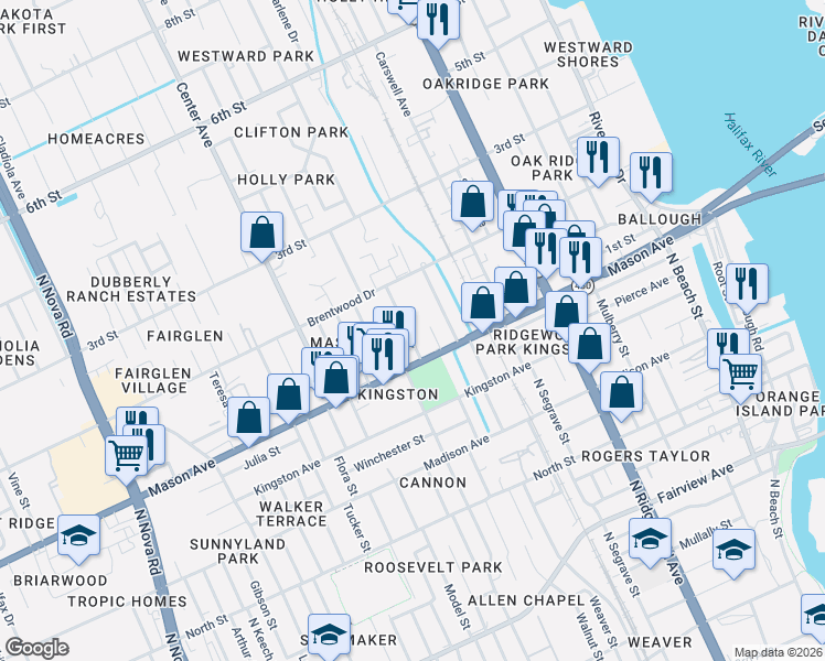 map of restaurants, bars, coffee shops, grocery stores, and more near 120 Thomason Avenue in Daytona Beach