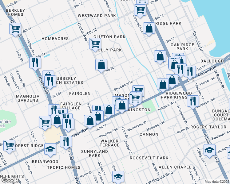 map of restaurants, bars, coffee shops, grocery stores, and more near 587 Brentwood Drive in Daytona Beach