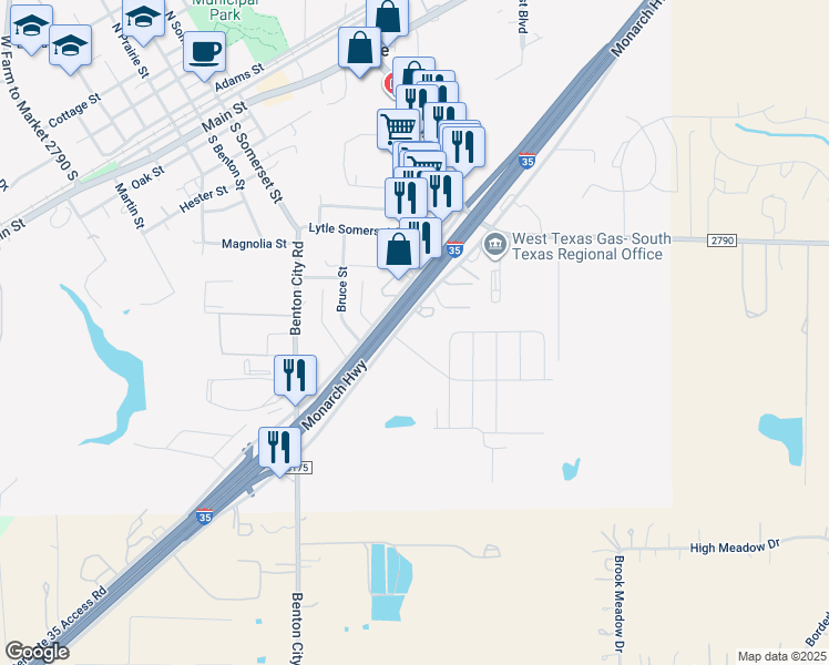 map of restaurants, bars, coffee shops, grocery stores, and more near 19876 Interstate 35 Access Road in Lytle