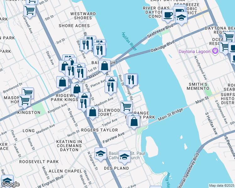 map of restaurants, bars, coffee shops, grocery stores, and more near 723 North Beach Street in Daytona Beach