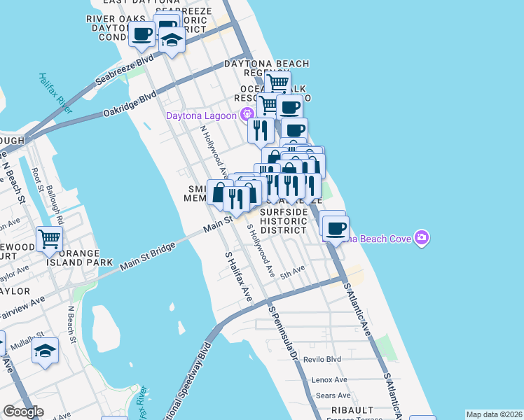 map of restaurants, bars, coffee shops, grocery stores, and more near 701 Main Street in Daytona Beach