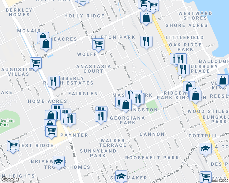 map of restaurants, bars, coffee shops, grocery stores, and more near Center Street in Holly Hill