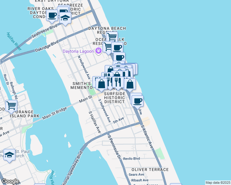 map of restaurants, bars, coffee shops, grocery stores, and more near 800 Main Street in Daytona Beach