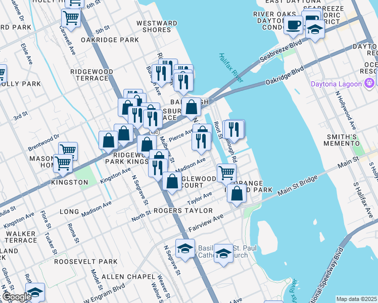 map of restaurants, bars, coffee shops, grocery stores, and more near 133 Kingston Avenue in Daytona Beach