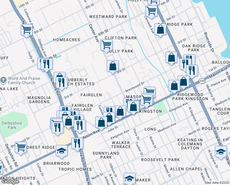 map of restaurants, bars, coffee shops, grocery stores, and more near 240 Center Street in Daytona Beach
