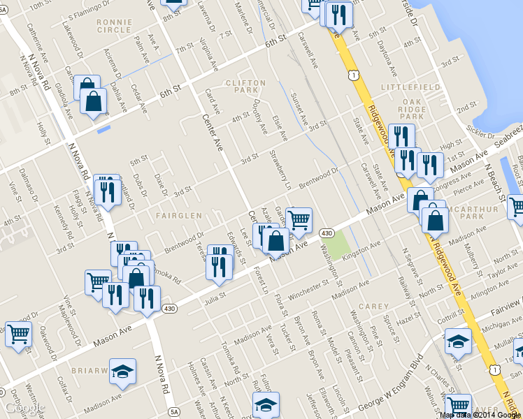 map of restaurants, bars, coffee shops, grocery stores, and more near 587 Brentwood Drive in Daytona Beach