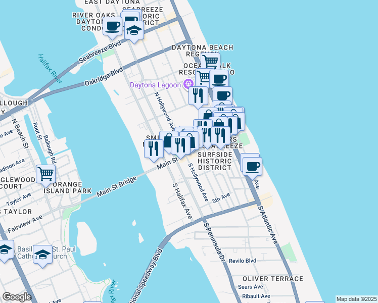 map of restaurants, bars, coffee shops, grocery stores, and more near 11 North Hollywood Avenue in Daytona Beach