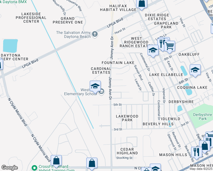 map of restaurants, bars, coffee shops, grocery stores, and more near 100 Heathrow Drive in Daytona Beach
