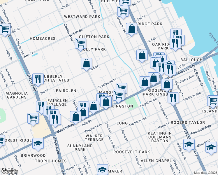 map of restaurants, bars, coffee shops, grocery stores, and more near 125 Palm Drive in Daytona Beach