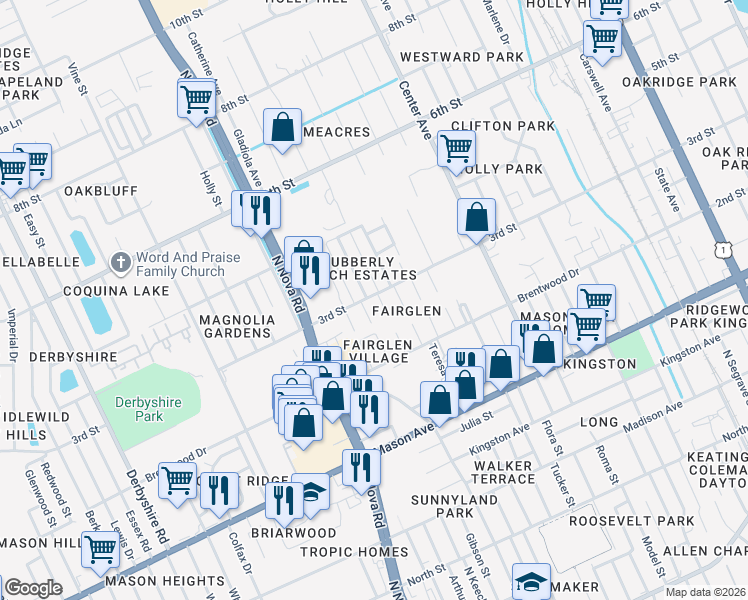 map of restaurants, bars, coffee shops, grocery stores, and more near 299 Tracy Avenue in Daytona Beach