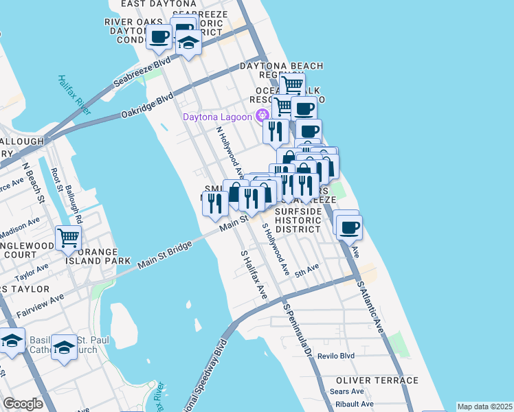 map of restaurants, bars, coffee shops, grocery stores, and more near 11 North Hollywood Avenue in Daytona Beach