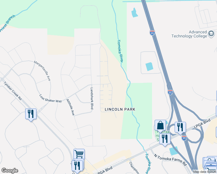 map of restaurants, bars, coffee shops, grocery stores, and more near Land Shark Boulevard in Daytona Beach