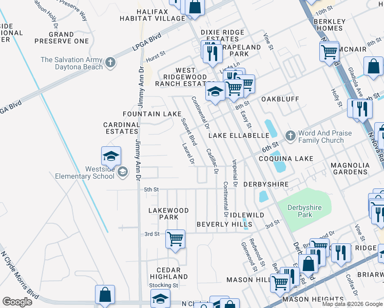 map of restaurants, bars, coffee shops, grocery stores, and more near 1317 Laurel Drive in Daytona Beach