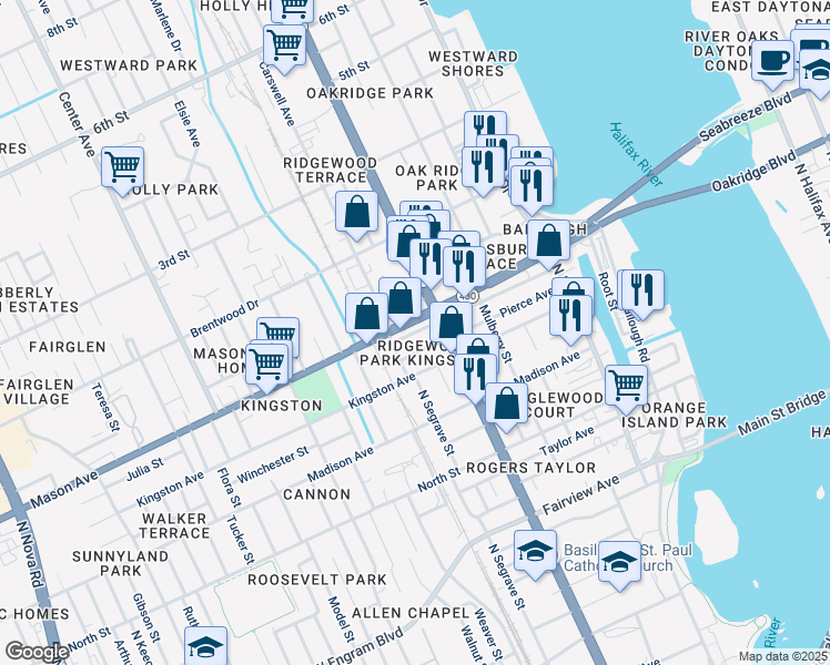 map of restaurants, bars, coffee shops, grocery stores, and more near 830 Ridgewood Avenue in Daytona Beach