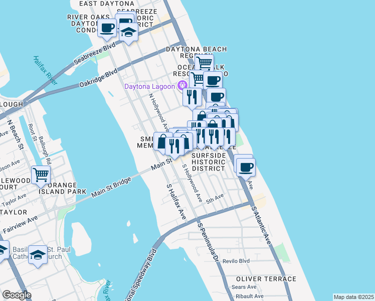 map of restaurants, bars, coffee shops, grocery stores, and more near 523 Main Street in Daytona Beach