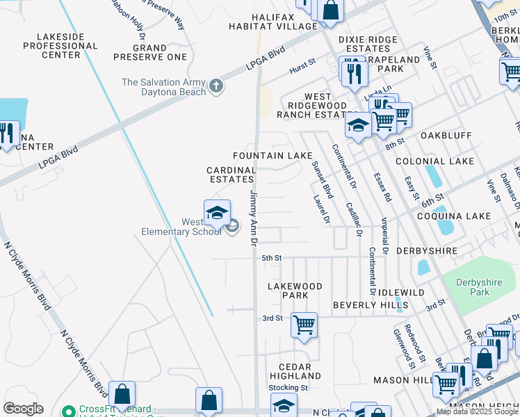 map of restaurants, bars, coffee shops, grocery stores, and more near 100 Heathrow Drive in Daytona Beach