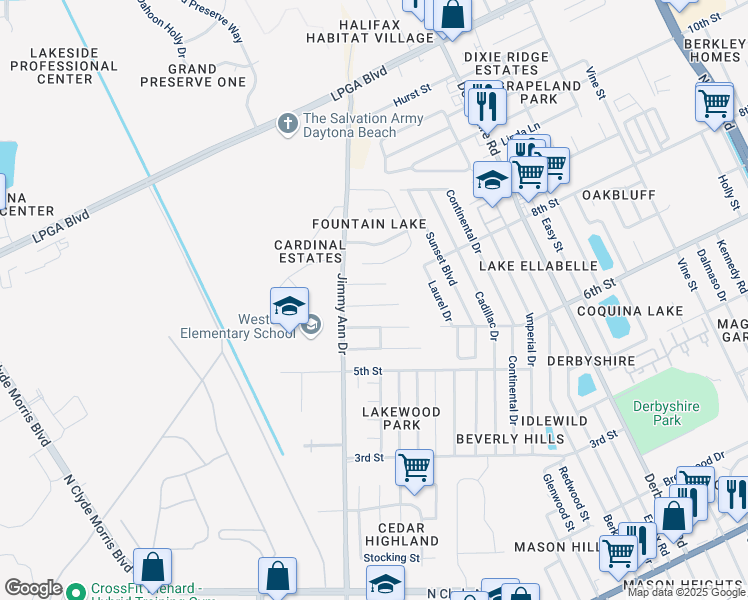 map of restaurants, bars, coffee shops, grocery stores, and more near 116 Heathrow Drive in Daytona Beach