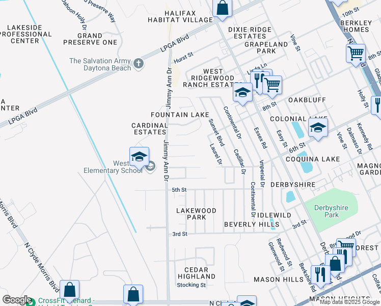 map of restaurants, bars, coffee shops, grocery stores, and more near 116 Heathrow Drive in Daytona Beach