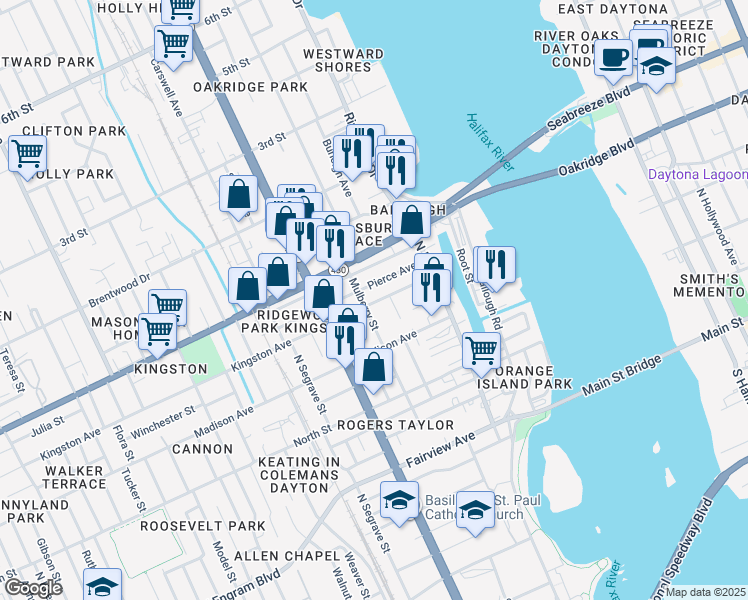 map of restaurants, bars, coffee shops, grocery stores, and more near 166 Kingston Avenue in Daytona Beach
