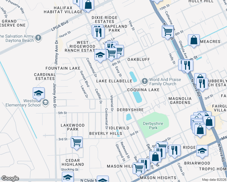 map of restaurants, bars, coffee shops, grocery stores, and more near 1209 Essex Road in Daytona Beach