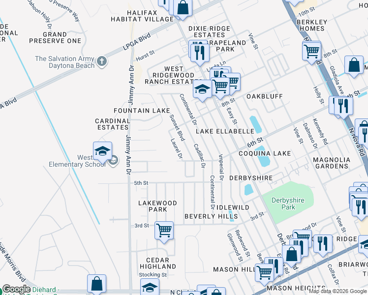 map of restaurants, bars, coffee shops, grocery stores, and more near 1317 Laurel Drive in Daytona Beach