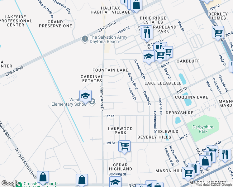 map of restaurants, bars, coffee shops, grocery stores, and more near 116 Heathrow Drive in Daytona Beach