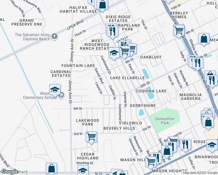 map of restaurants, bars, coffee shops, grocery stores, and more near 1316 Cadillac Drive in Daytona Beach