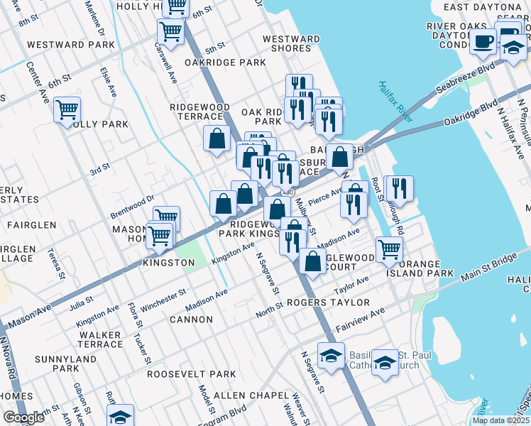 map of restaurants, bars, coffee shops, grocery stores, and more near 830 Ridgewood Avenue in Daytona Beach