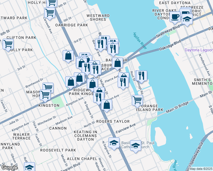 map of restaurants, bars, coffee shops, grocery stores, and more near 166 Kingston Avenue in Daytona Beach