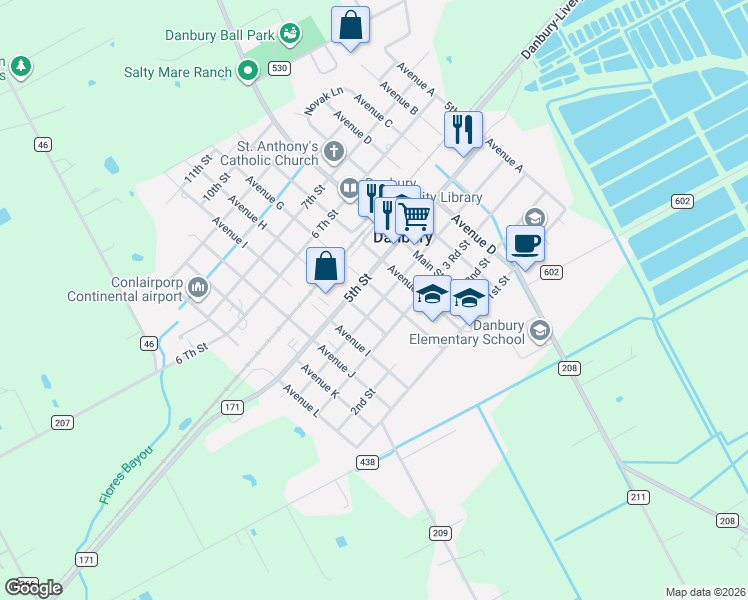 map of restaurants, bars, coffee shops, grocery stores, and more near 5802 4th Street in Danbury