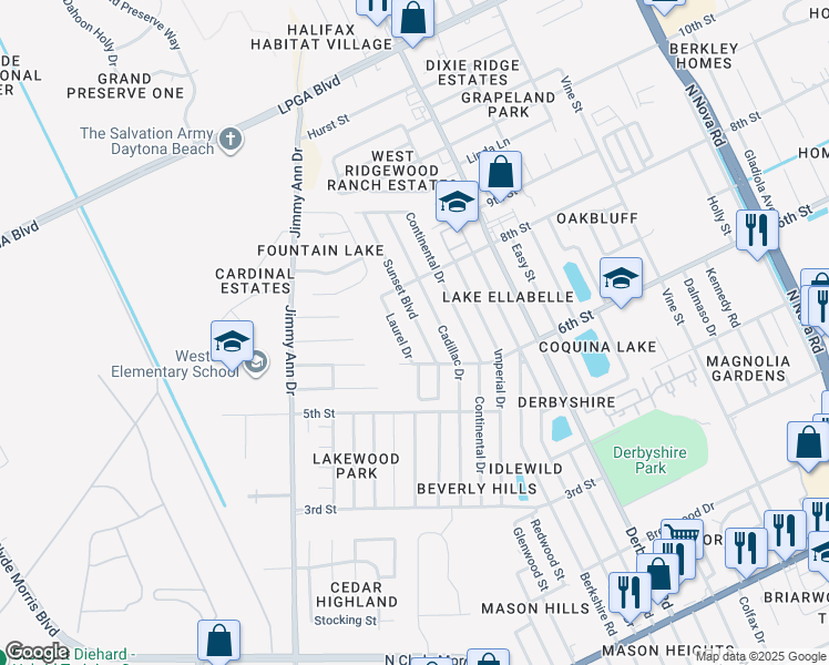 map of restaurants, bars, coffee shops, grocery stores, and more near 1317 Laurel Drive in Daytona Beach