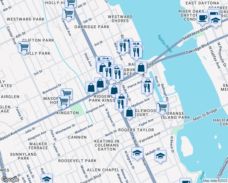 map of restaurants, bars, coffee shops, grocery stores, and more near 821 North Ridgewood Avenue in Daytona Beach