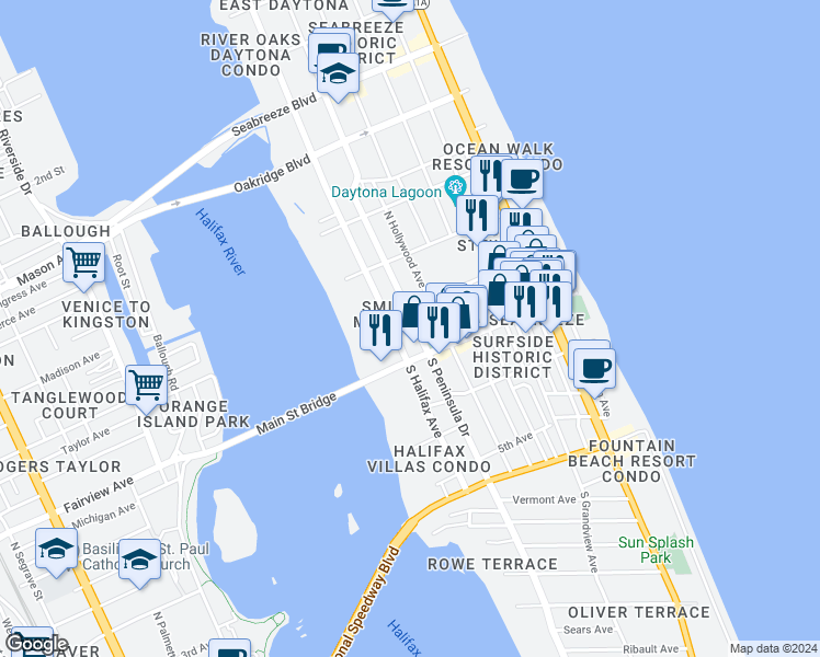 map of restaurants, bars, coffee shops, grocery stores, and more near 29 N Peninsula Dr in Daytona Beach