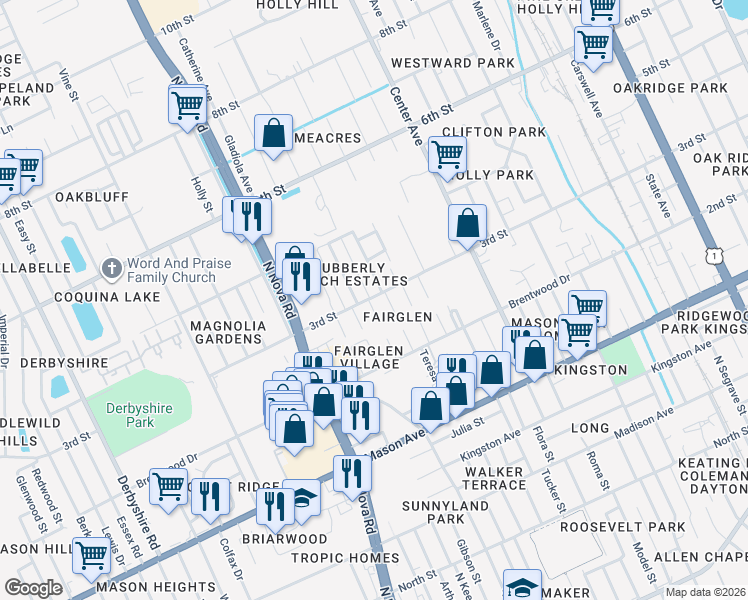 map of restaurants, bars, coffee shops, grocery stores, and more near 299 Tracy Avenue in Daytona Beach