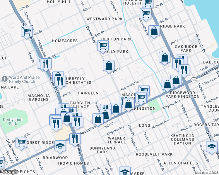 map of restaurants, bars, coffee shops, grocery stores, and more near 240 Center Street in Daytona Beach