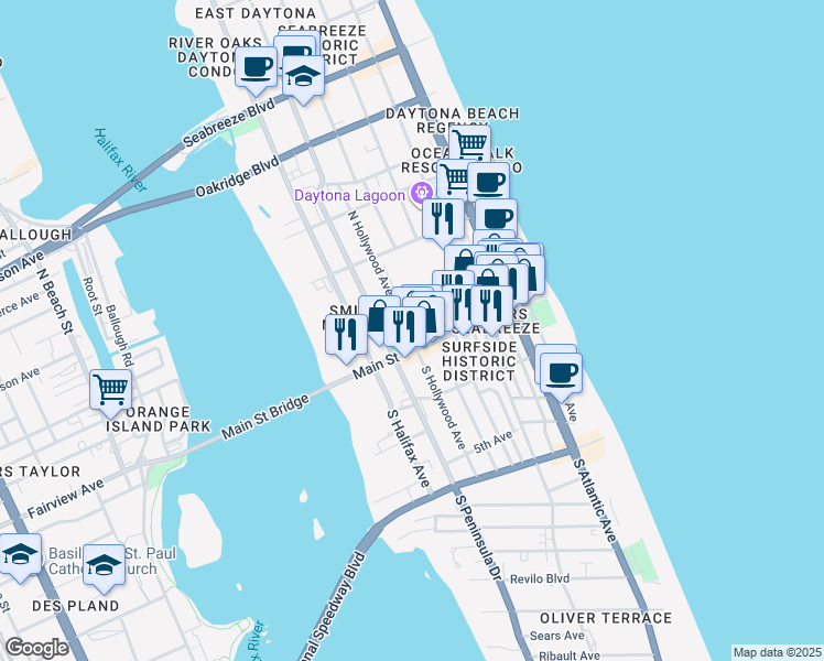 map of restaurants, bars, coffee shops, grocery stores, and more near 11 North Hollywood Avenue in Daytona Beach