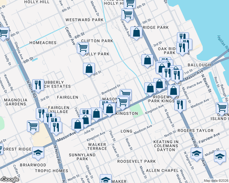 map of restaurants, bars, coffee shops, grocery stores, and more near 125 Palm Drive in Daytona Beach