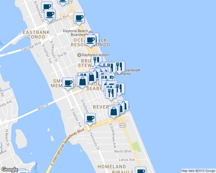 map of restaurants, bars, coffee shops, grocery stores, and more near 23 South Atlantic Avenue in Daytona Beach