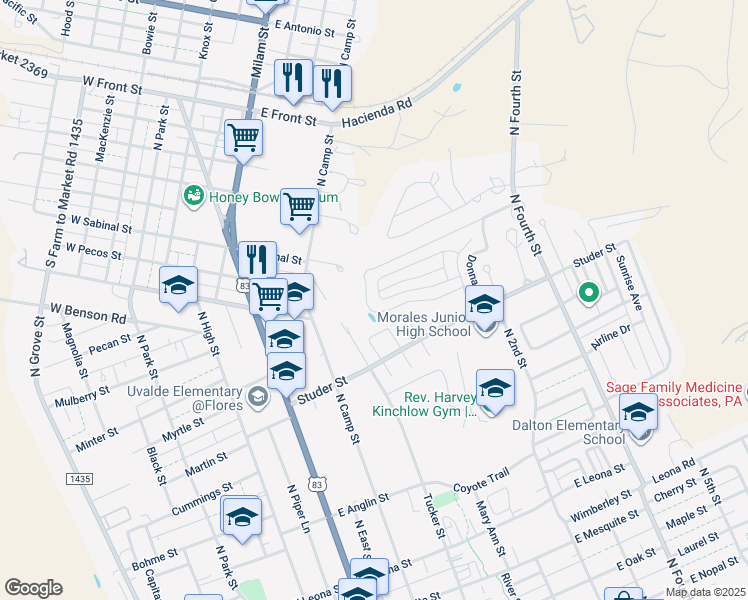 map of restaurants, bars, coffee shops, grocery stores, and more near 155 Barry Street in Uvalde