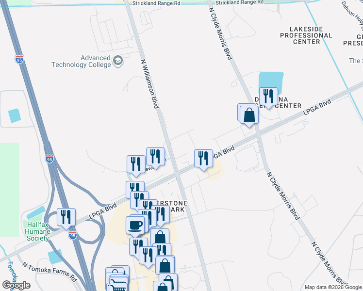 map of restaurants, bars, coffee shops, grocery stores, and more near 1616 Concierge Boulevard in Daytona Beach