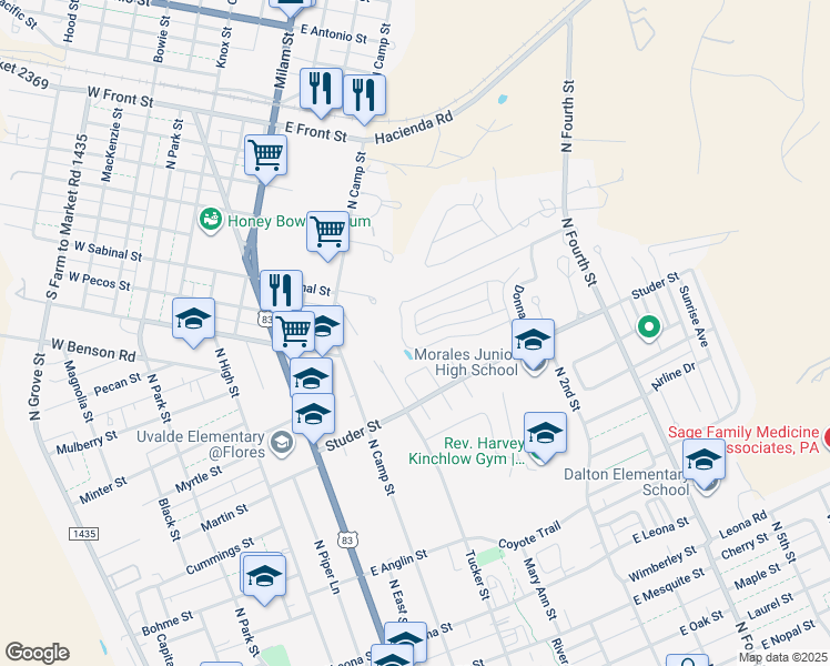 map of restaurants, bars, coffee shops, grocery stores, and more near 155 Barry Street in Uvalde