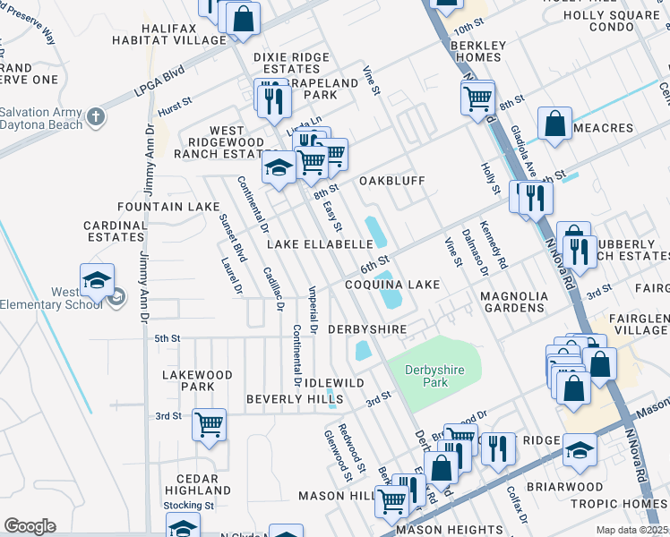 map of restaurants, bars, coffee shops, grocery stores, and more near 904 Derbyshire Road in Daytona Beach