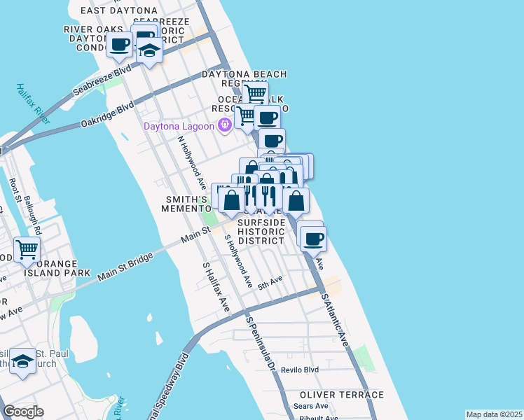 map of restaurants, bars, coffee shops, grocery stores, and more near 800 Main St in Daytona Beach