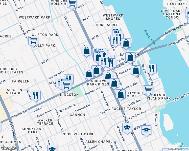 map of restaurants, bars, coffee shops, grocery stores, and more near 348 Mason Avenue in Daytona Beach