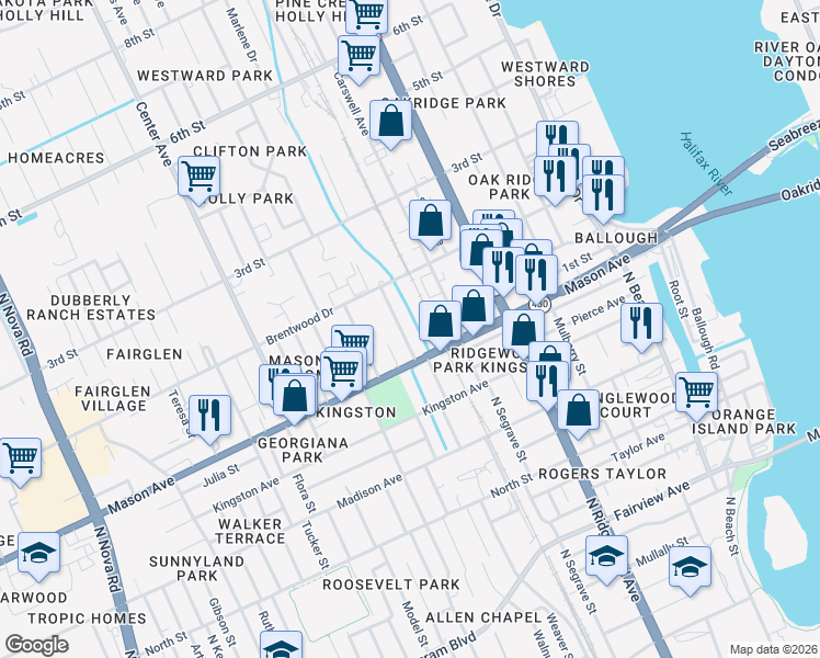 map of restaurants, bars, coffee shops, grocery stores, and more near 119 Thomason Avenue in Daytona Beach